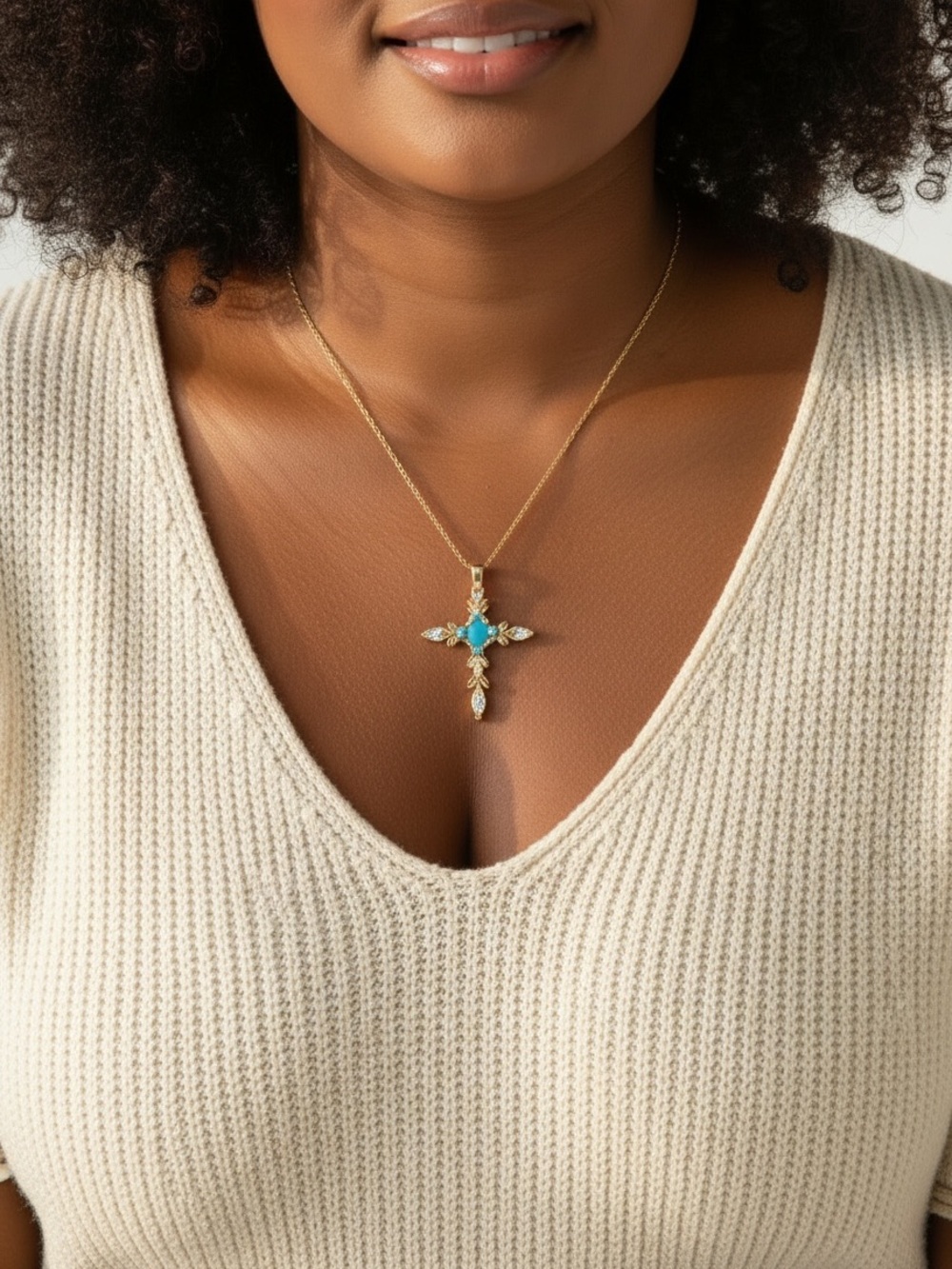 Gold Stainless Steel Cross Pendant Necklace with Turquoise Stone - Women Jewelry